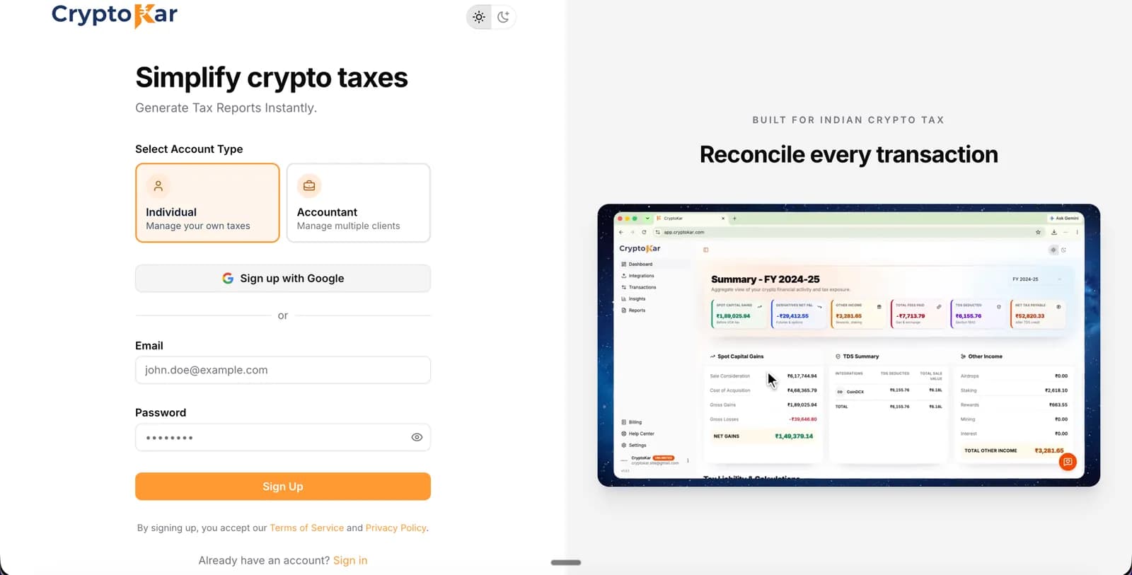 CryptoKar sign-up screen with the Individual and Accountant account types