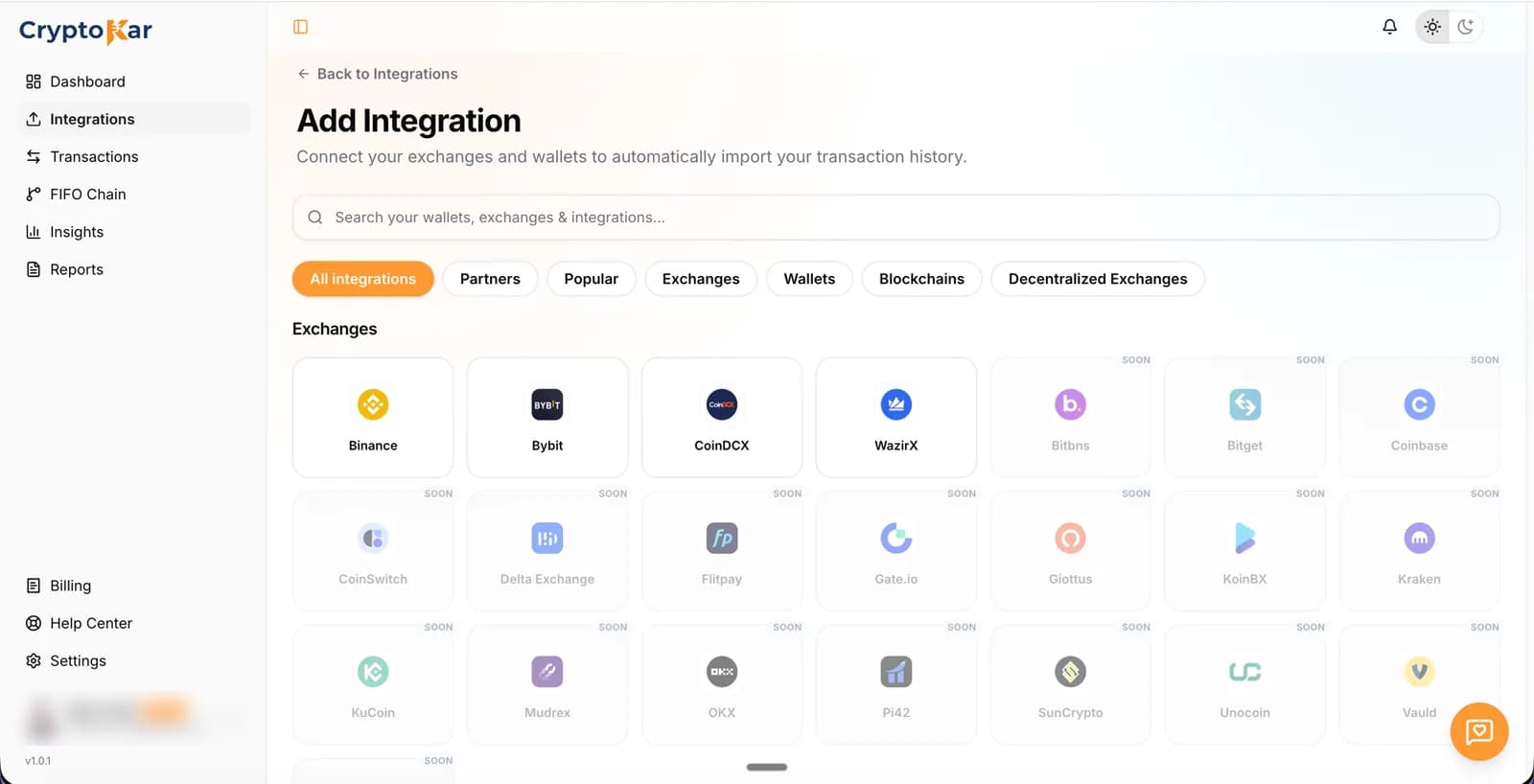 Add Integration screen listing the exchanges CryptoKar imports from
