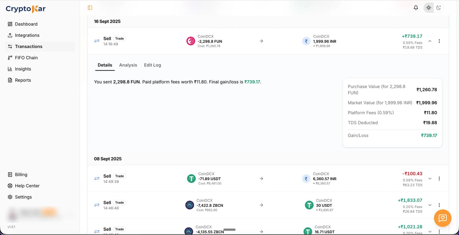 Transactions list with one trade expanded to show cost, fees, TDS and gain