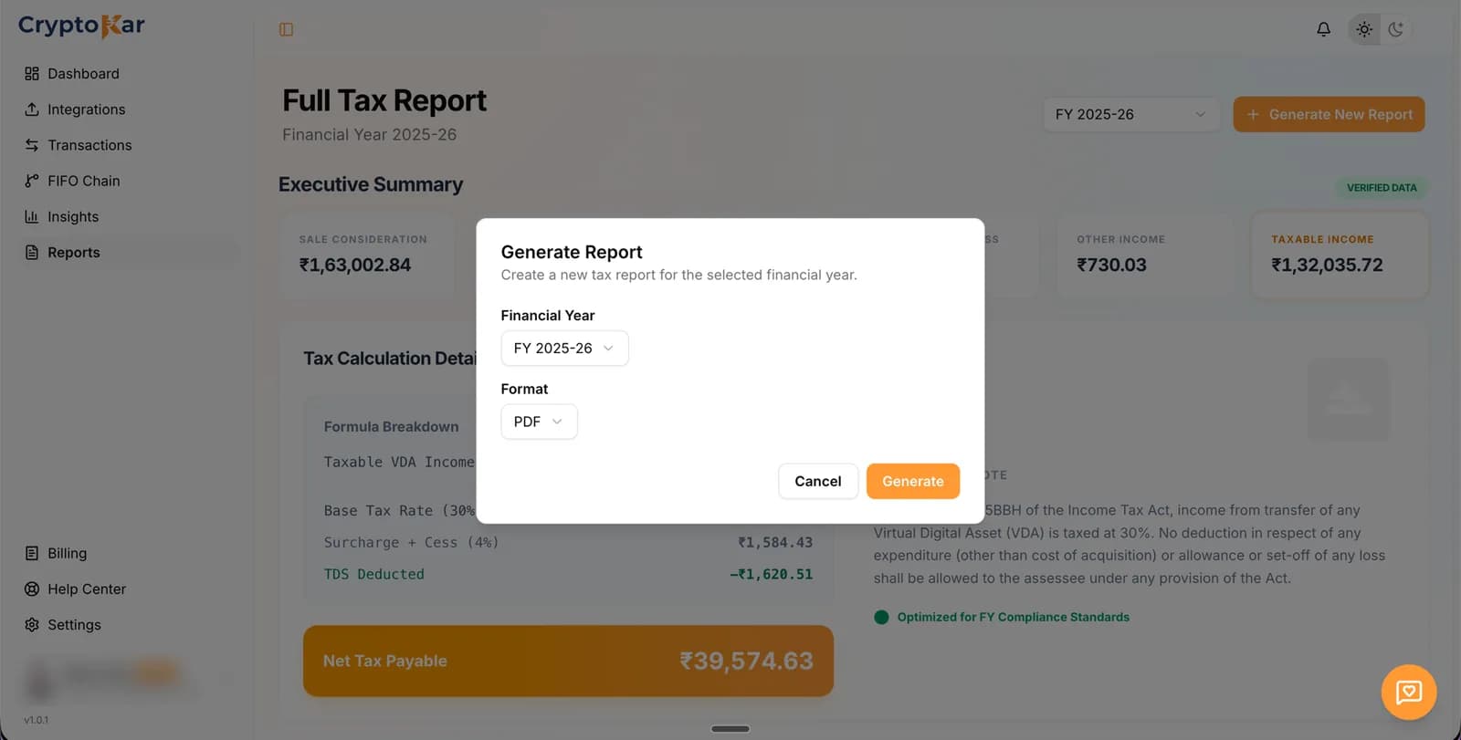 Generate Report dialog with the financial year and PDF format selected