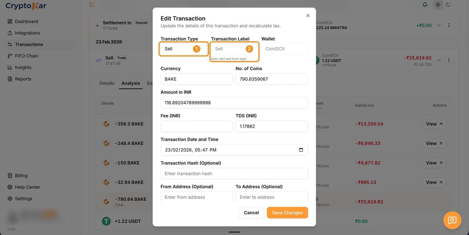 Edit Transaction dialog with the Transaction Type dropdown and the auto-derived Transaction Label highlighted