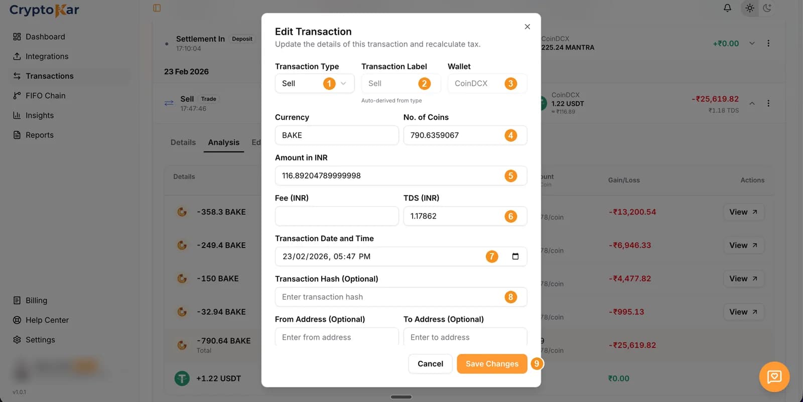 The transaction dialog with its nine fields numbered, shown here holding an existing transaction