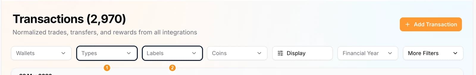 Transactions filter bar with the Types and Labels dropdowns highlighted