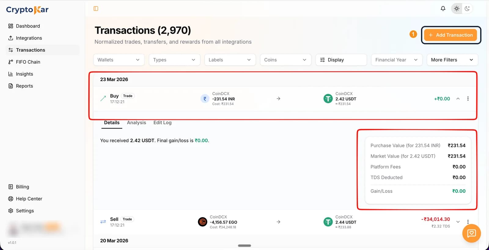 Transactions page with the Add Transaction button at the top right highlighted