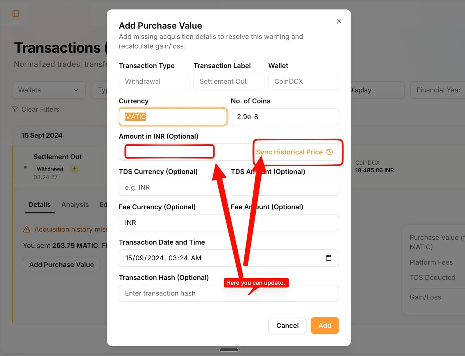 Add Purchase Value dialog with currency, quantity, amount in INR, TDS, fees and purchase date