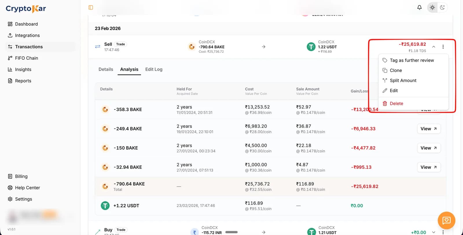 Row menu open on a transaction, showing Tag as further review, Clone, Split Amount, Edit and Delete