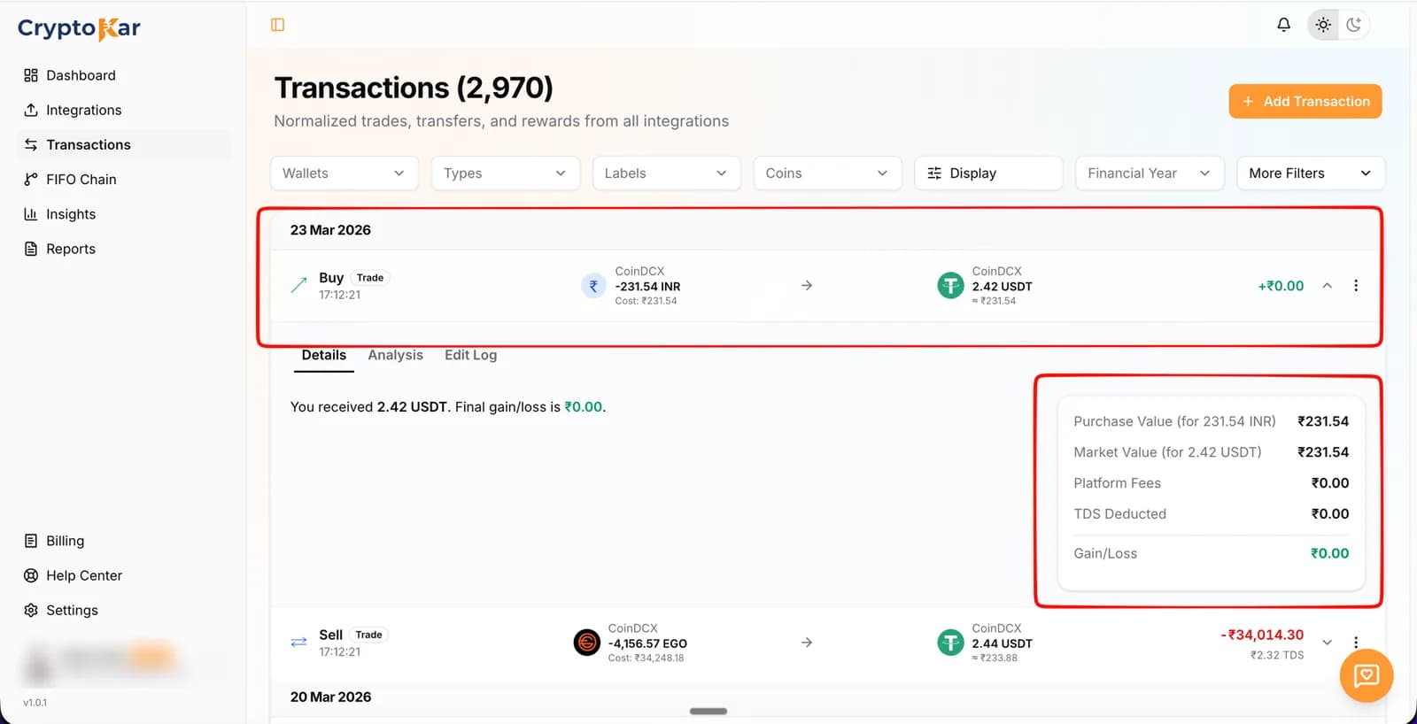 Expanded transaction with the Details tab open and the summary card showing purchase value, market value, fees, TDS and gain