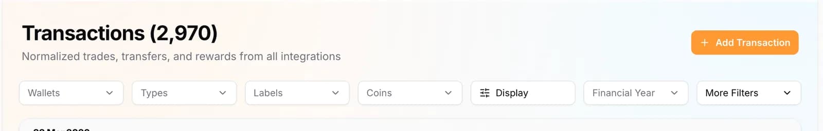 Transactions page filter bar with Wallets, Types, Labels, Coins, Display, Financial Year and More Filters
